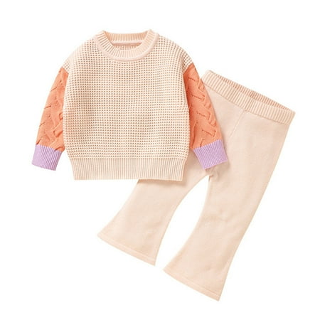 

TJAZFJPA Cheerleader Outfit for Girls Toddler Baby Girls Boys Color Block Knit Sweater Shirt Top and Flare Pants Bell Bottoms Cotton Warm Clothes Winter Halloween Baby Clothes Girl