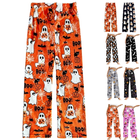 Fuzzy Halloween Pajama Pants Women Men Flannel Pjs Pants Couples Matching Plush Pajama Bottom Costume Gifts,Orange