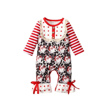 

BrilliantMe Toddler Christmas Jumpsuit Santa Print Stripe Longs Sleeves Siamese Trousers Rompers for Baby Girls Christmas 18-24 Months