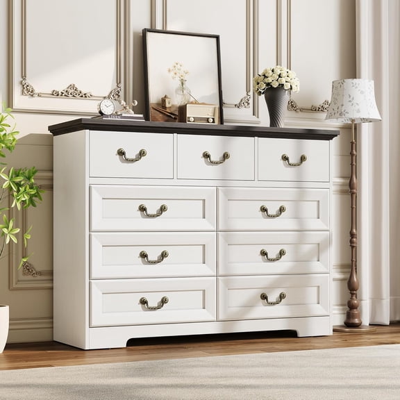 Dresser for Bedroom, Retro Wooden 9-Drawer Dresser, 47.2" Wide Chest of Drawers with Metal Handle, Dressers TV Stand, Dressers for Closet Clothes Storage Organizer for Living Room, Hallway