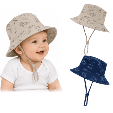 Zando 2-Pack Baby Sun Hats UPF 50  Wide Brim Toddler Bucket Hats Adjustable Dinosaur Print Sun Protection Hat for Baby Boys Girls Dinosaur Khaki Dinosaur Navy 6-12 Months