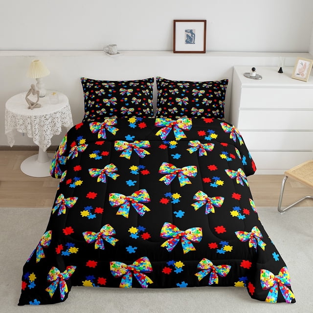 Bowknot Kids Comforter Set Queen Size,Puzzle Games Building Blocks Bow Tie Bedding Set,Boys Girls Room Decor,Gaming Bricks Abstract Geometry Down Comforter,Black Duvet Insert,2 Pillowcases
