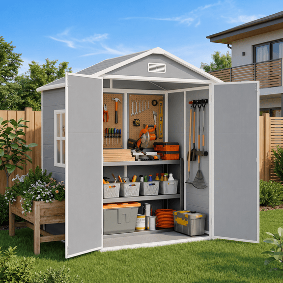 Asofer 6'x4' Resin Outdoor Storage Shed with Reinforced Floor, Heavy‑Duty All‑Weather Waterproof Plastic Garden Tool Shed for Backyard Patio, Gray