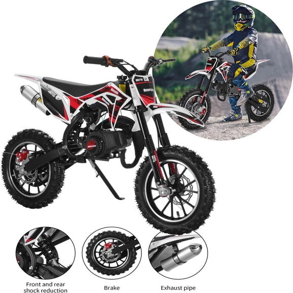 Tereitr 49cc 2-Stroke Gas Powered Kids Dirt Bike, Mini Motorcycle with Front & Rear Disc Brakes, Pull Start, Off-Road Tires, 47.2" L x 27.6" H
