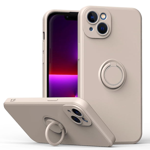 Funda de color sencillo para iPhone 14 Plus con soporte de anillo, placa metálica para carga magnética, diseño antigolpes y soporte giratorio de 360 grados.