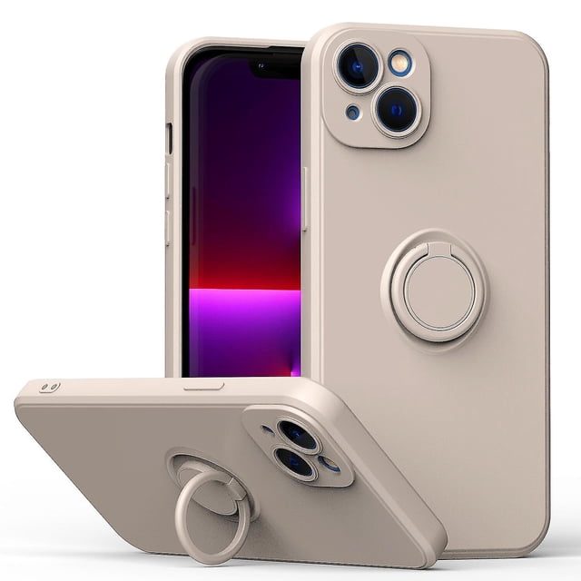 Funda de color sencillo para iPhone 14 Plus con soporte de anillo, placa metálica para carga magnética, diseño antigolpes y soporte giratorio de 360 grados.