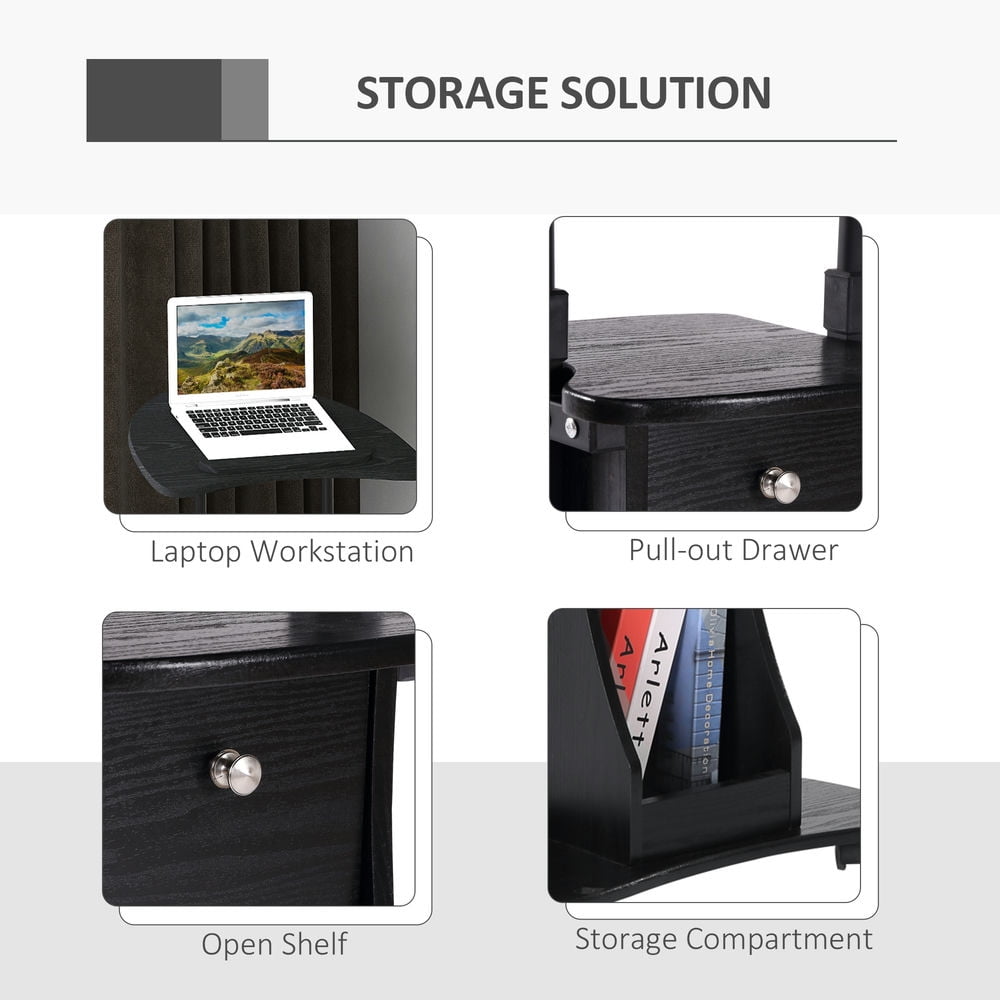 Demi Bonn Adjustable Height Laptop Cart with Drawer, Sit-to-Stand Computer Desk with Swivel Top and Storage, Mobile Podium Desk Stand, Black