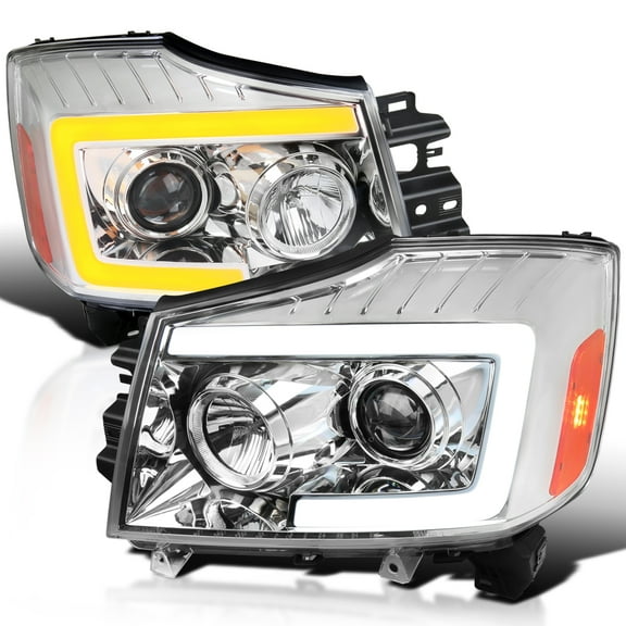 Spec-D Tuning Chrome Projector Headlights w/ Sequential LED Turn Signal Compatible with 2004-2015 Nissan Titan, 2004-2007 Nissan Armada, Left   Right Pair Headlamps Assembly