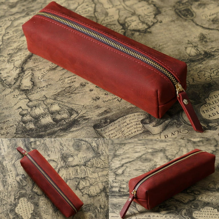 Leather Pencil Case Handmade Case Leather Pencil Pouch. Red Pencil