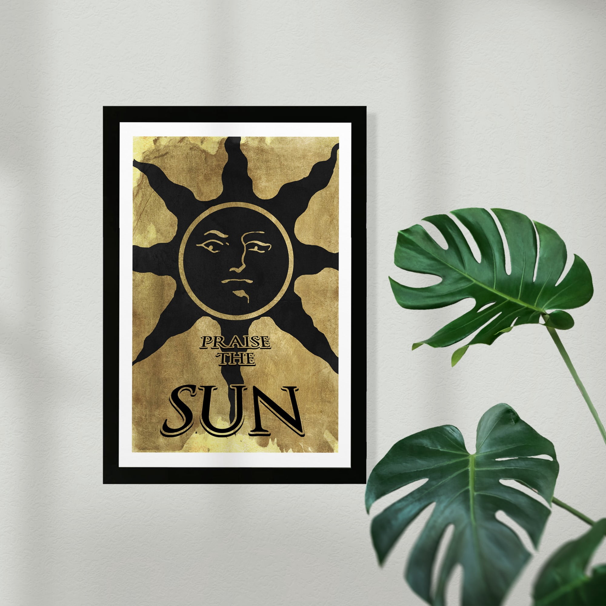 Wynwood Studio Entertainment and Hobbies Framed Wall Art Prints 'Praise The Sun Print' Video Games Home Decor - Gold, Black, 13" x 19"