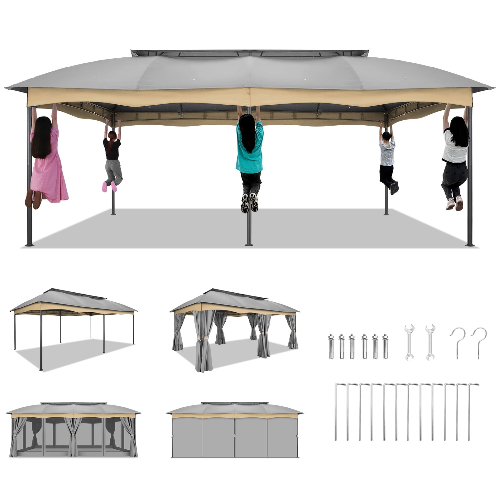 COBIZI 12X20 Heavy Duty Gazebo Outdoor Gazebo with Mosquito Netting and Curtains, Canopy Tent Deck Gazebo with Double-Arc Roof Ventiation and Metal Steel Frame Suitable for Lawn, Backyard, Patio,Gray