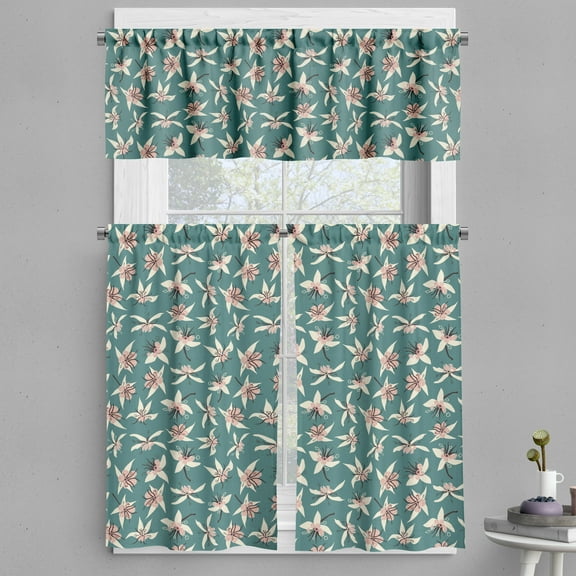 Ambesonne Tropical Valance & Curtain, Cacao Tree Flowers Art, 55"x30", Dark Cadet Blue and Blush