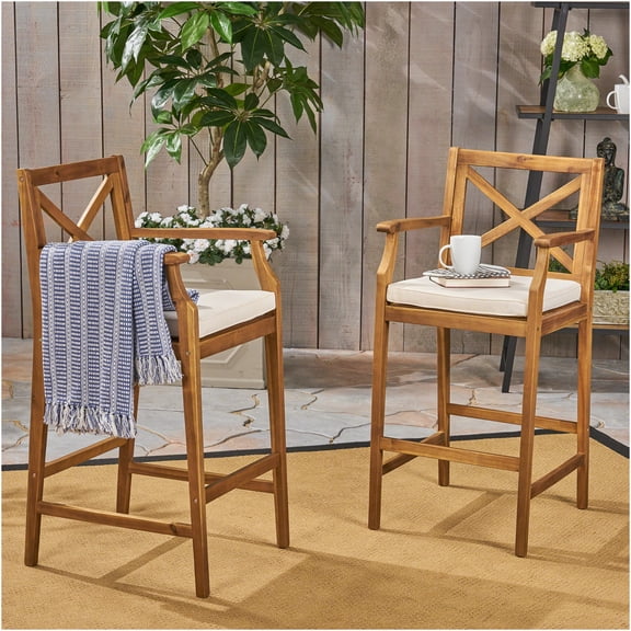 JERFIT Outdoor Acacia Wood Bar Stools Set of 2, Cross Back Patio Barstools with Water Resistant Cushions, Counter Height Brown Seating for Kitchen Island, Garden, Porch