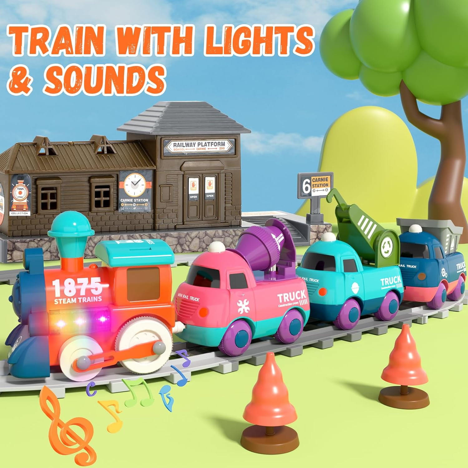 Electric Train Set for Toddlers 2-4, Magnetic Kids Trucks with Tracks, Toy Train with Light & Music, Birthday Gifts for 3-5 Years Old Boys Girls