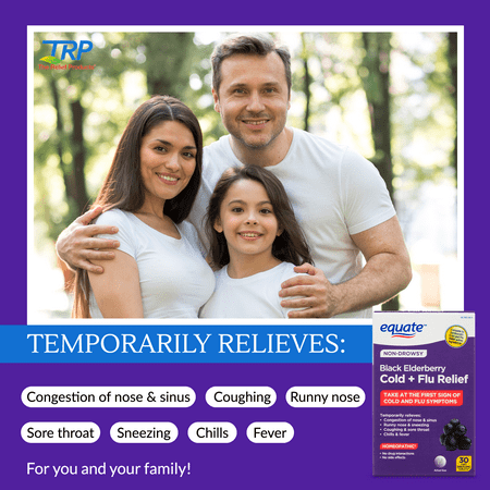 Equate Non-Drowsy Black Elderberry Homeopathic Cold + Flu Relief, 30 Count
