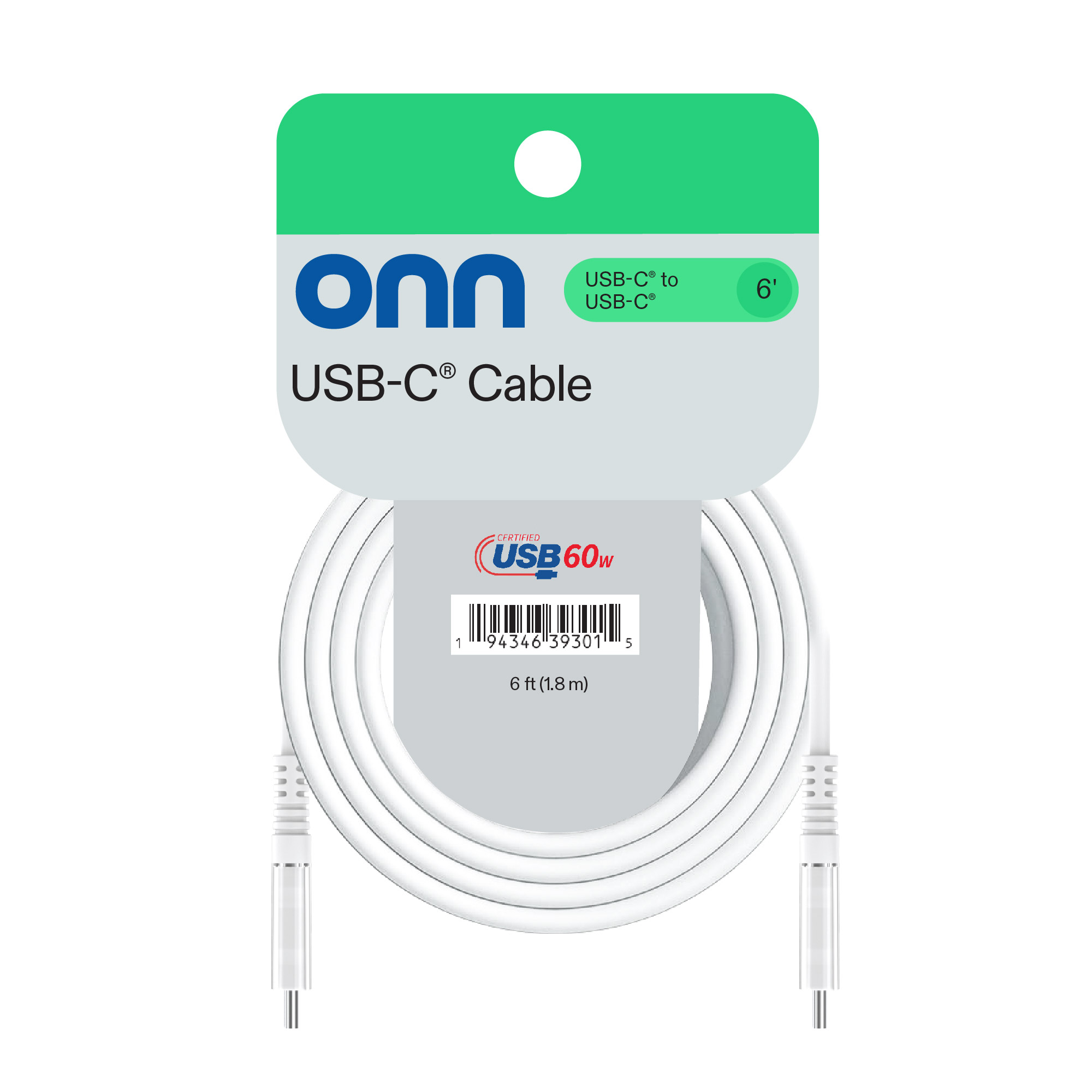 Cable de carga onn de 6 pies USB-C a USB-C, carga rápida, certificado USB-IF, compatible con iPhone 16 y 15, iPad Pro, Samsung Galaxy, Note, Pixel y más - Blanco 6