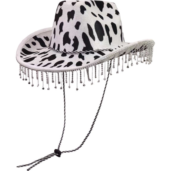 Hzzsbu Cow Print Rhinestone Fringe Cowboy Hat, Western Style Party Hat for Festivals