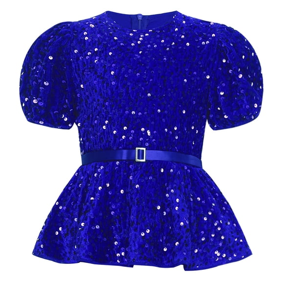 inlzdz Kids Girls Sequin Velvet Tops Sparkle Glitter Dressy Blouse Puff Sleeve Peplum Tops with Belt Blue 16