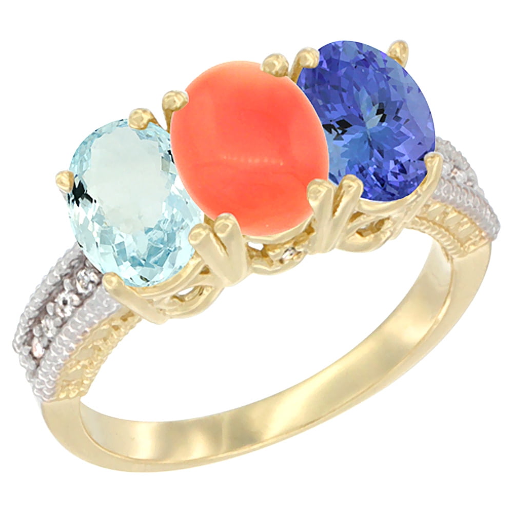 10K Yellow Gold Natural Aquamarine, Coral & Tanzanite Ring 3-Stone Oval 7x5 mm, sizes 5 10 by WorldJewels