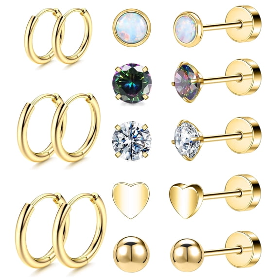 Hypoallergenic Titanium Earrings for Sensitive Ears 14K Gold Plated Opal Ball CZ Heart Flat Back Earrings for Women Men Small Surgical Steel Flatback Stud Hoop Cartilage Earring Set