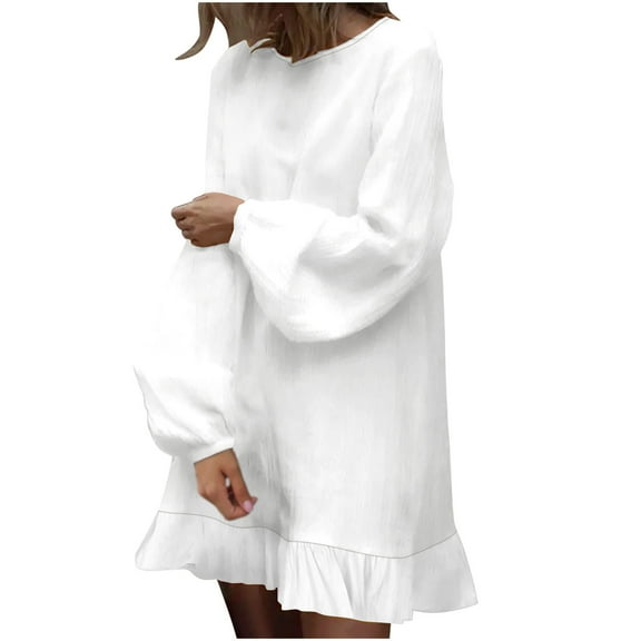 Oksale Plus Size Womens Cotton Linen Dresses Loose Fit Ruffle Hem Mini Dress Cozy Long Sleeve Dresses Casual Creneck Dress Soft Solid Color Fall Dresses White XXXXL