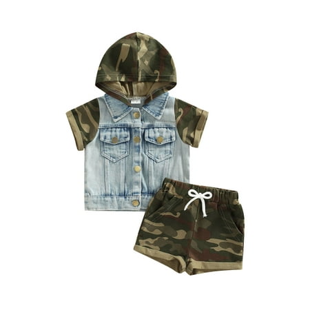 

TheFound Toddler Baby Boy Camouflage Print Outfits Short Sleeve Hooded Tops + Drawstring Short Pants Set