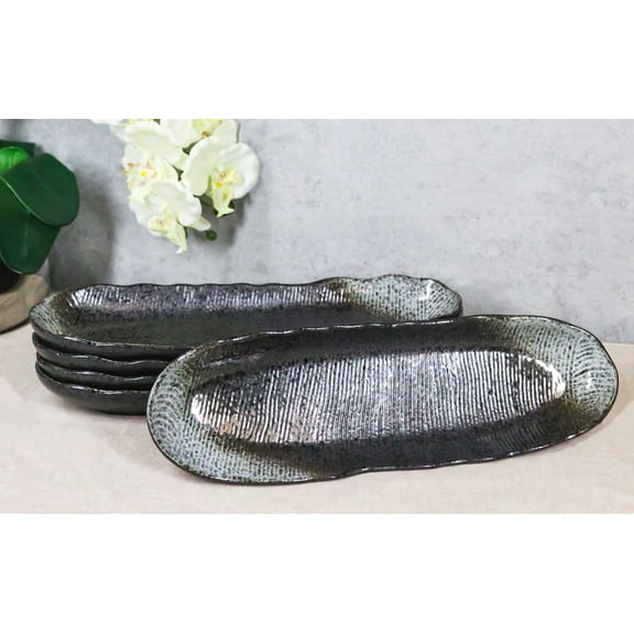 Pack Of 3 Charcoal Grey Tone Hakumu Wavy Oblong Long Serving Platter 13.25"L