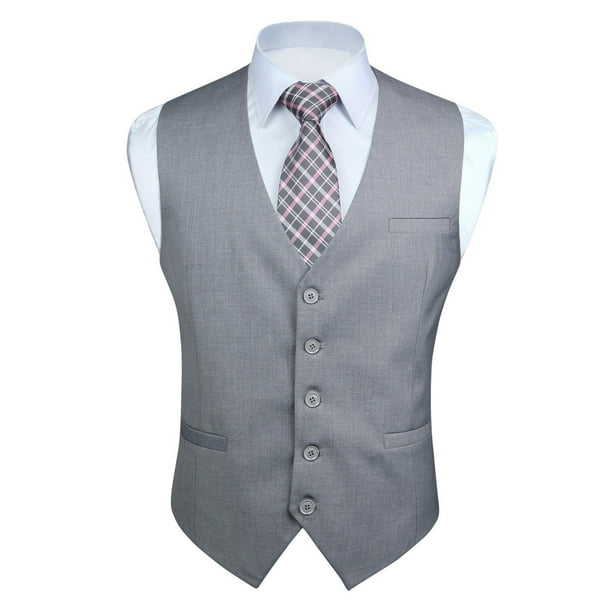 HISDERN Men's Suit Vest Grey Business Formal Dress Waistcoat Vest