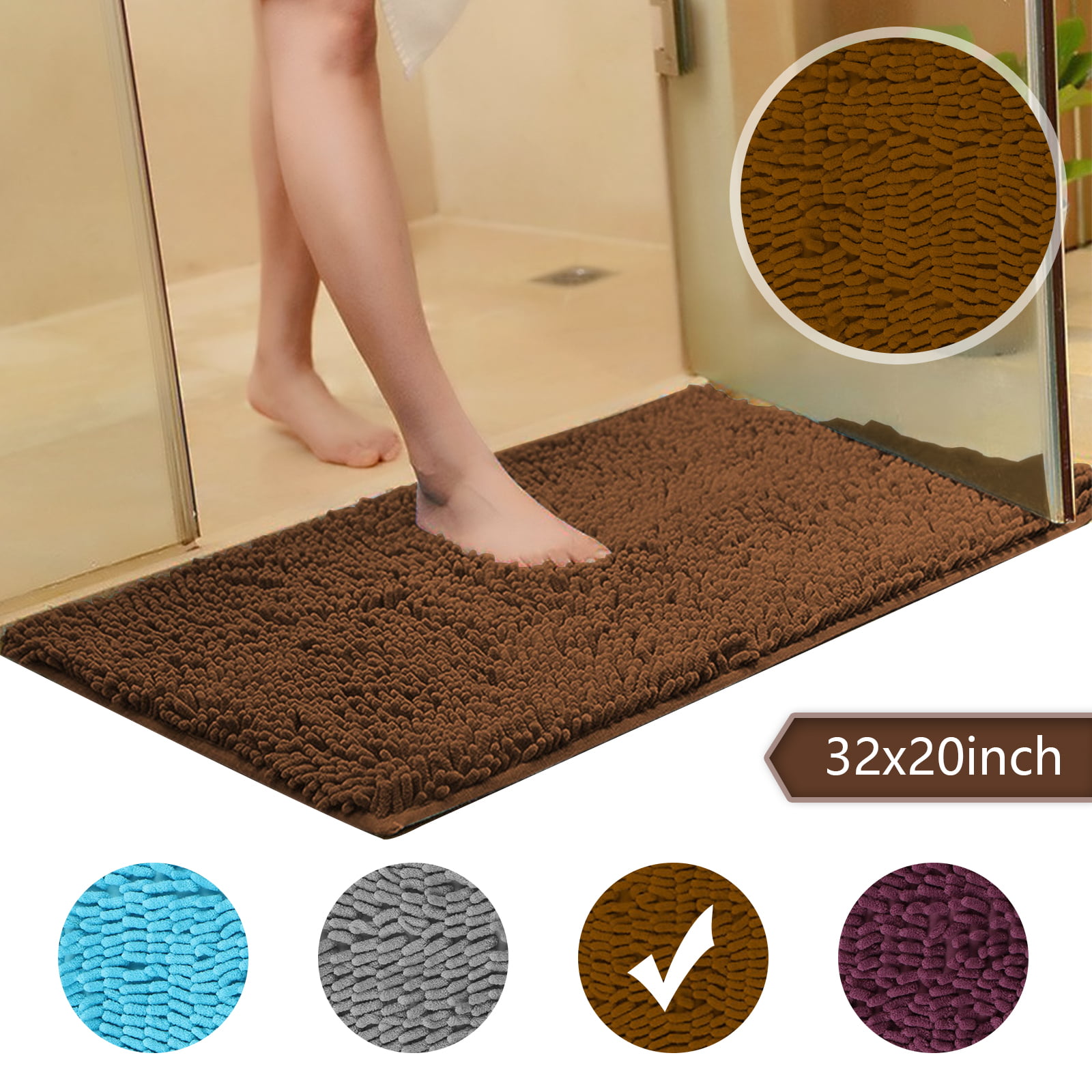 1Pc Soft Absorbent Bath Mat Shaggy Microfiber Floor Shower Rugs Non Slip Mat 