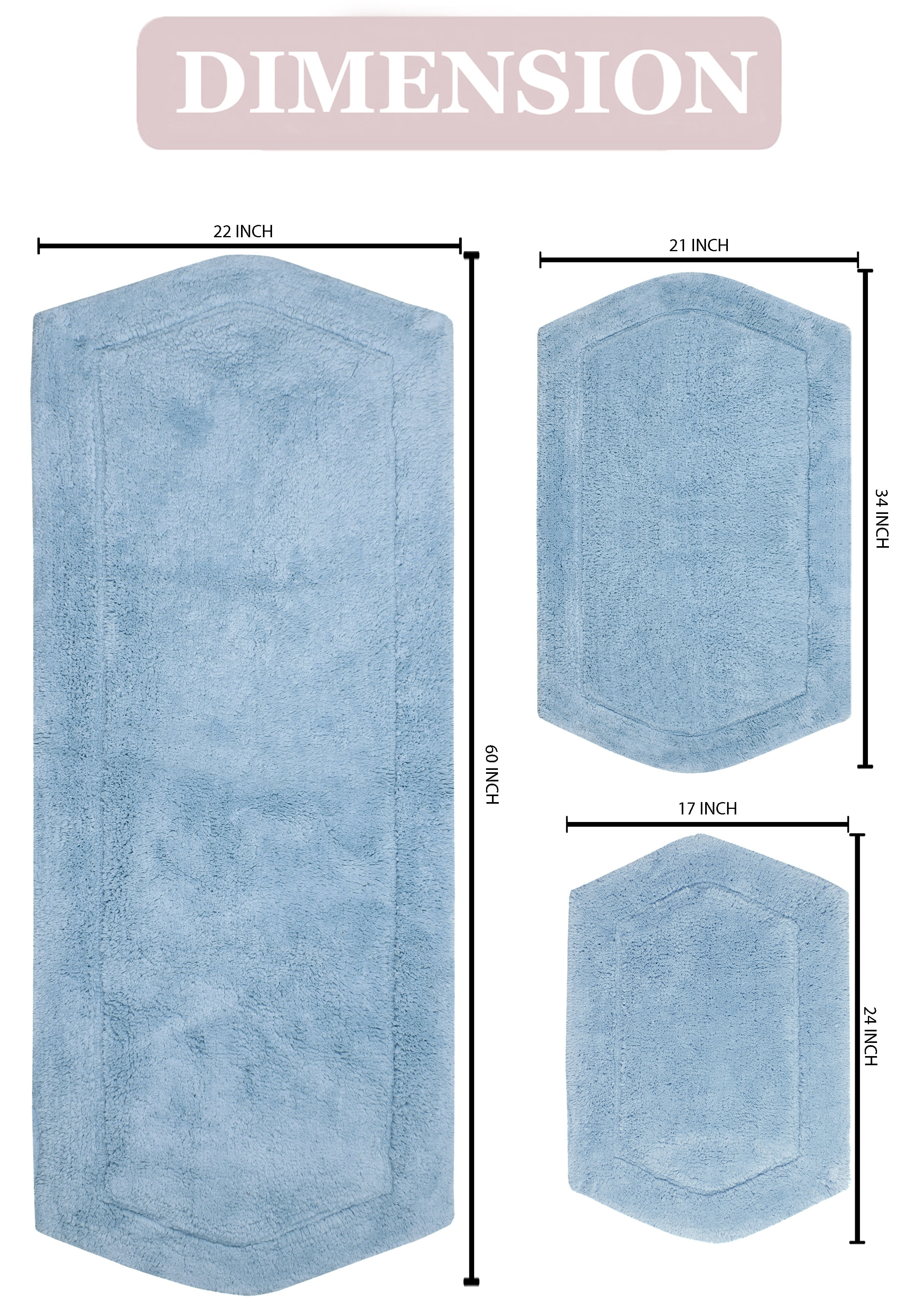 Home Weavers Waterford Collection 100% Cotton Non-Slip Bathroom Rug Set Machine Washable Bathroom Rug-17"x24", Bath Rug- 21"x34", Runner- 22"x60", Blue Color 3 Piece Bath rug set