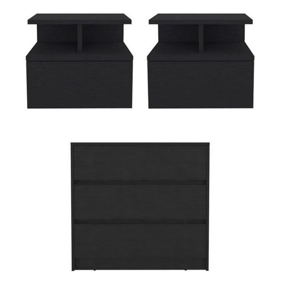 Pemberly Row Set of 3 Engineered Wood Dresser & 2 Floating Nightstands in Black