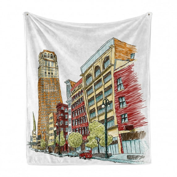 Detroit Soft Flannel Fleece Throw Blanket, Buildings on Woodward Avenue in the Downtown Detroit Sketchy Urban Scene, Cozy Plush for Indoor and Outdoor Use, 60" x 80", Multicolor, by Ambesonne