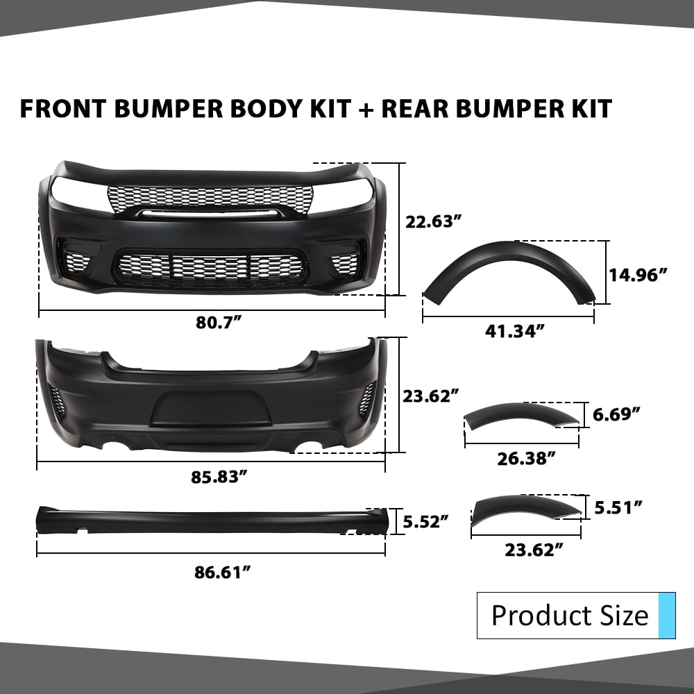 CROSSDESIGN Front Rear Bumper Body Kit Widebody Full Compatible with Dodge Charger SRT Style 2015-2023 Black
