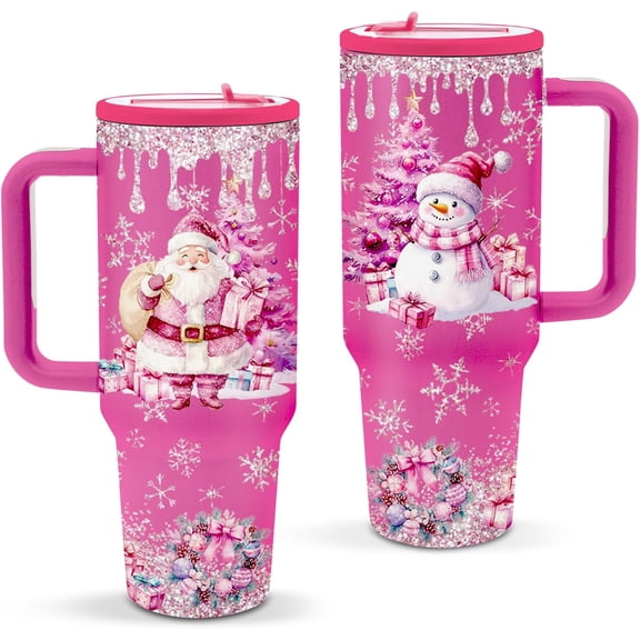 Christmas Tumblers for Women, Christmas Tumbler with Handle and Straw, Funny Christmas Gifts for Mom, Daughter, Dad, Son, Men, Pink