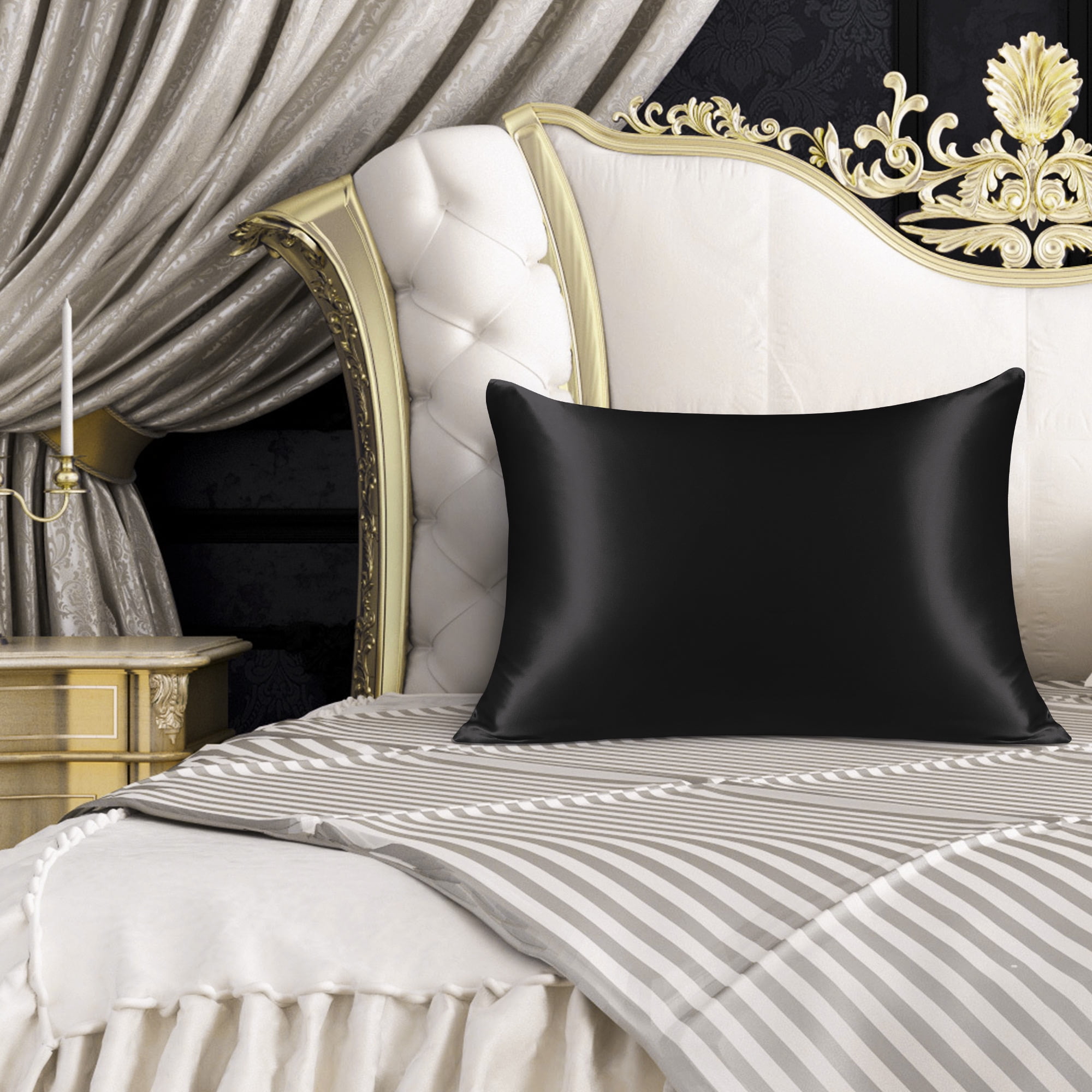 Unique Bargains 19 Momme Silk Pillowcase with Zipper 1 Pc Black 20" x 30"