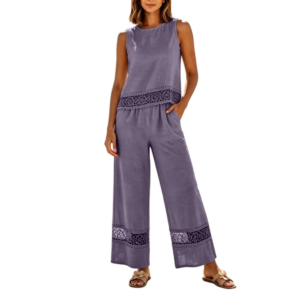 Floleo Women's 2-Piece Linen Blend Outfit Set Sleeveless Lace Trim Top & Elastic Waist Wide Leg Pants Casual Summer Set for Beach Travel Daily Wear(Purple,3XL)