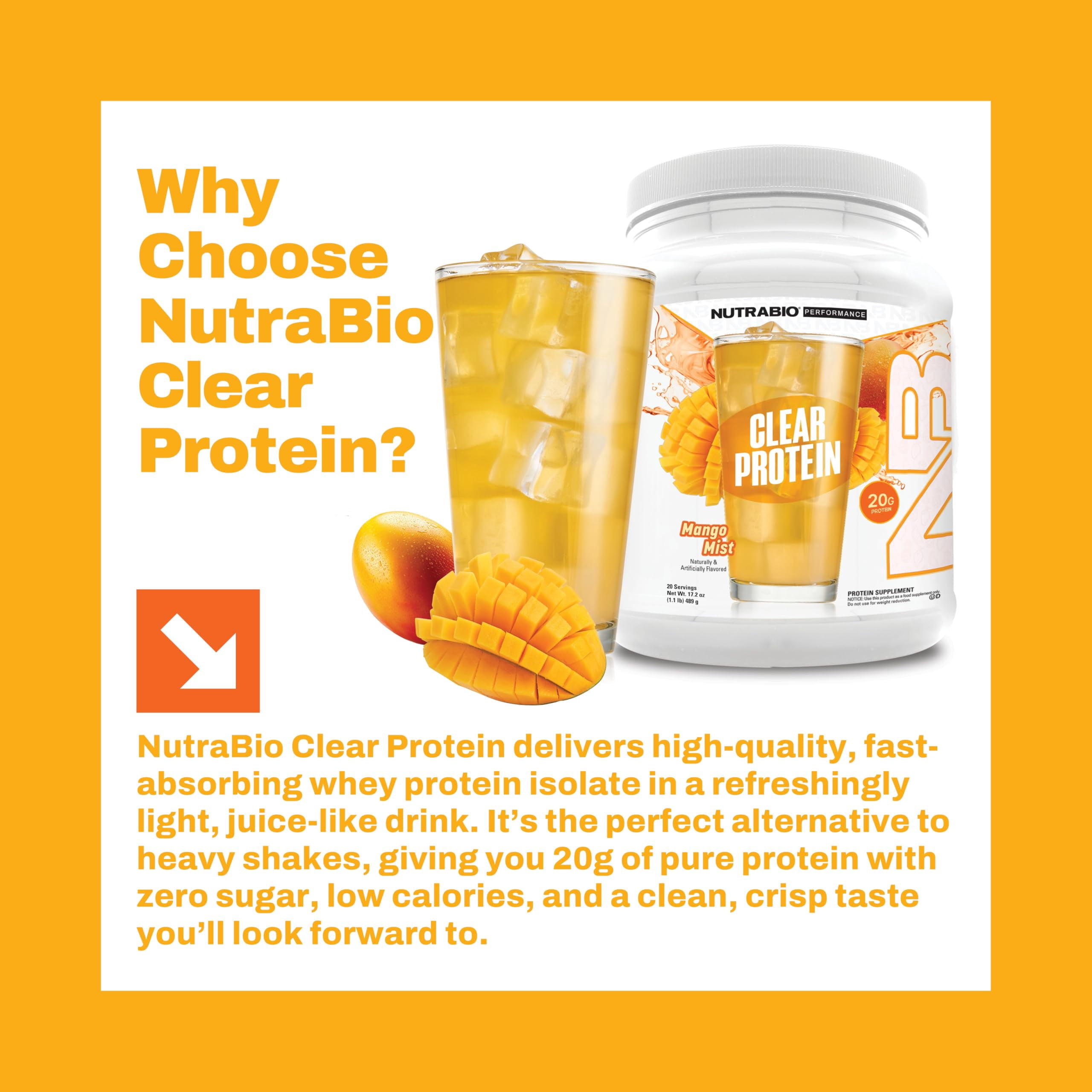 NutraBio Clear Whey Isolate Protein Powder, Delicious & Refreshing Fruit Flavors, Protein Juice, No Milky Taste, No Foam, Zero Sugar, Mango Mist, 20 Servings