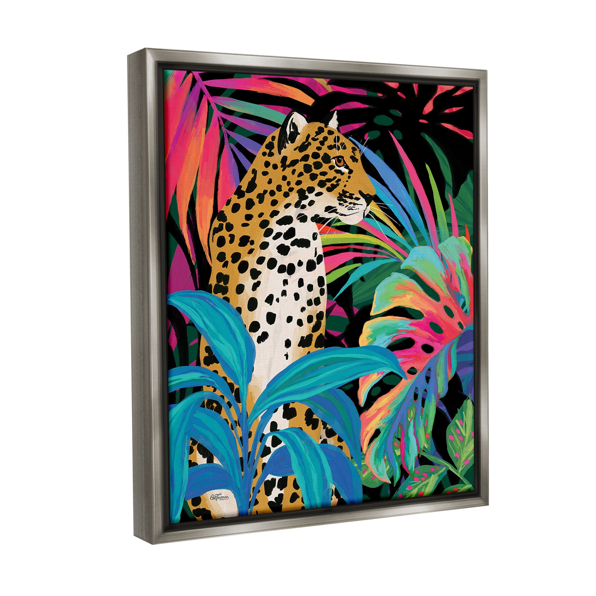 Stupell Industries Abstract Leopard & Leaves Animals & Insects Painting Gray Floater Framed Canvas Art Print Wall Art, 17 x 21