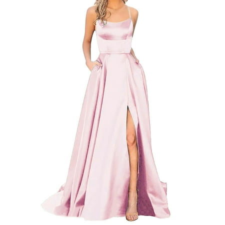 DVKOVI Formal Evening Gown Prom Dresses Ladies Long Women Elegant Backless Long Dresses Crisn Satin Spaghetti Party Prom Dress Side Slit Wedding Evening Party Dress with Pockets Pink M