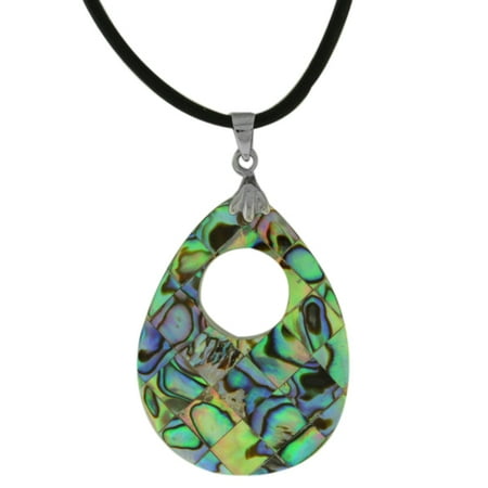 40mm Drop Shape Abalone Paua Shell Inlay Pendant with 16" Leather Cord Necklace
