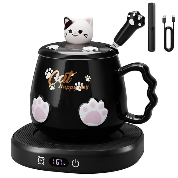 Smart Cat Mug Warmer Set with Electric Milk Frother, 4-Temp Control Heating Pad for Office and Home