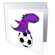 3dRose, Funny Cool Purple Dragon Playing Soccer Cartoon, 1 Greeting Card with envelope