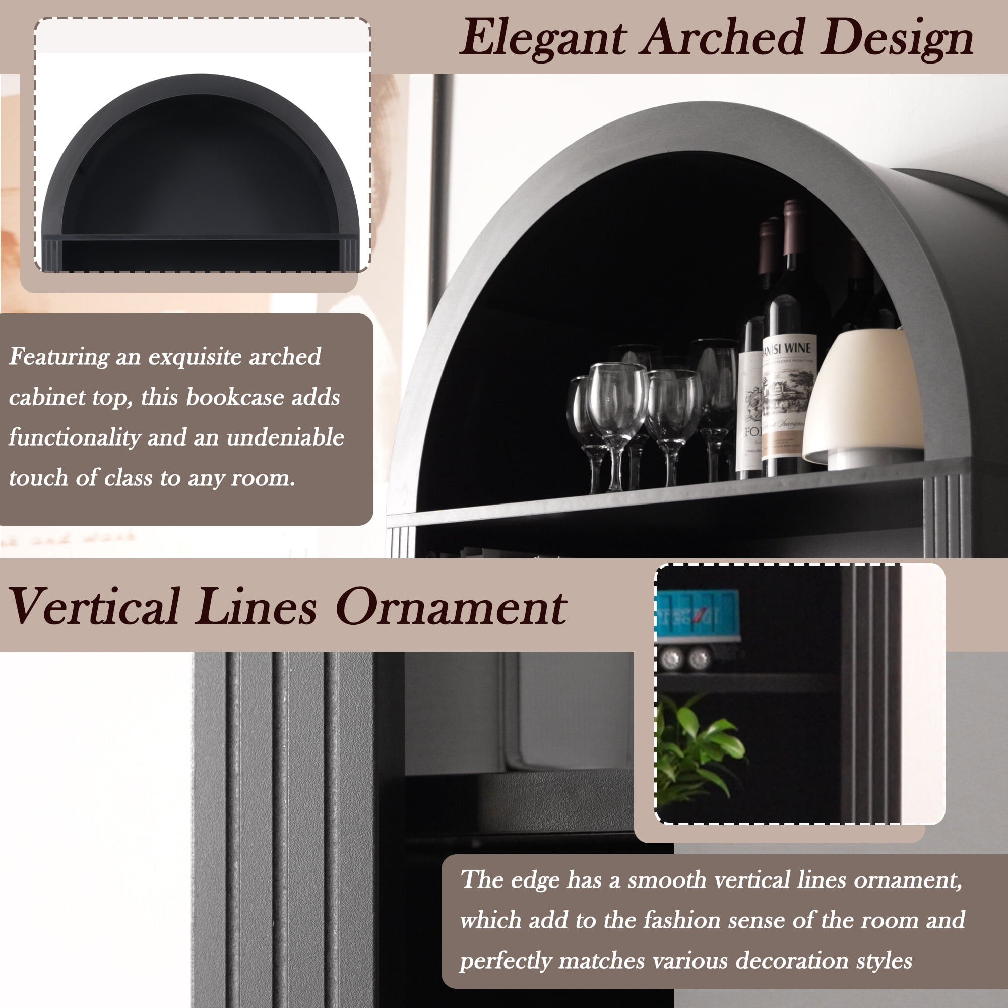 71" Tall Arched Bookshelf with Storage Cabinet, Display Bookcase with Drawer Doors and Adjustable Shelves