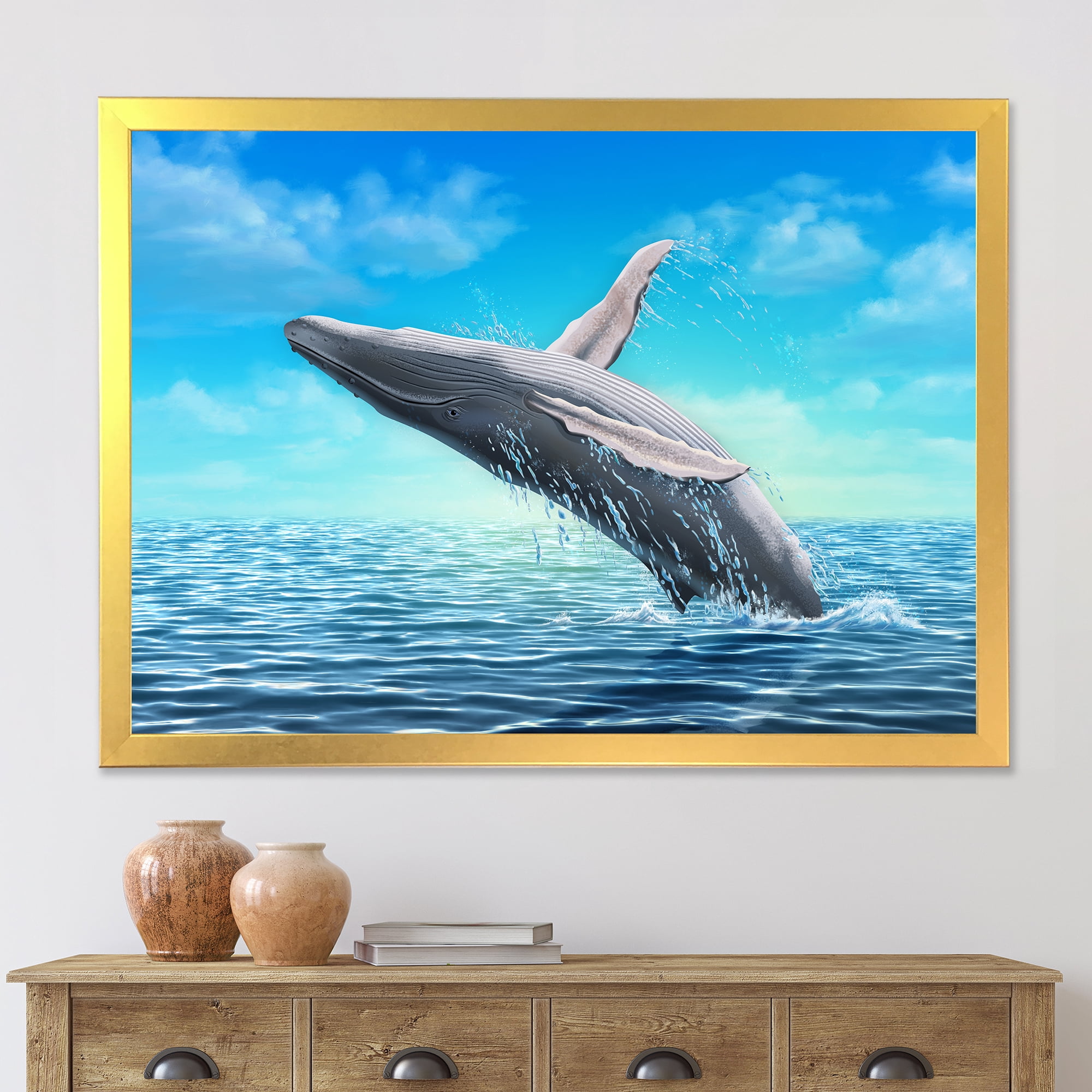 Designart 'Humpback Whale Jumping Out of Sea' Farmhouse Framed Art Print