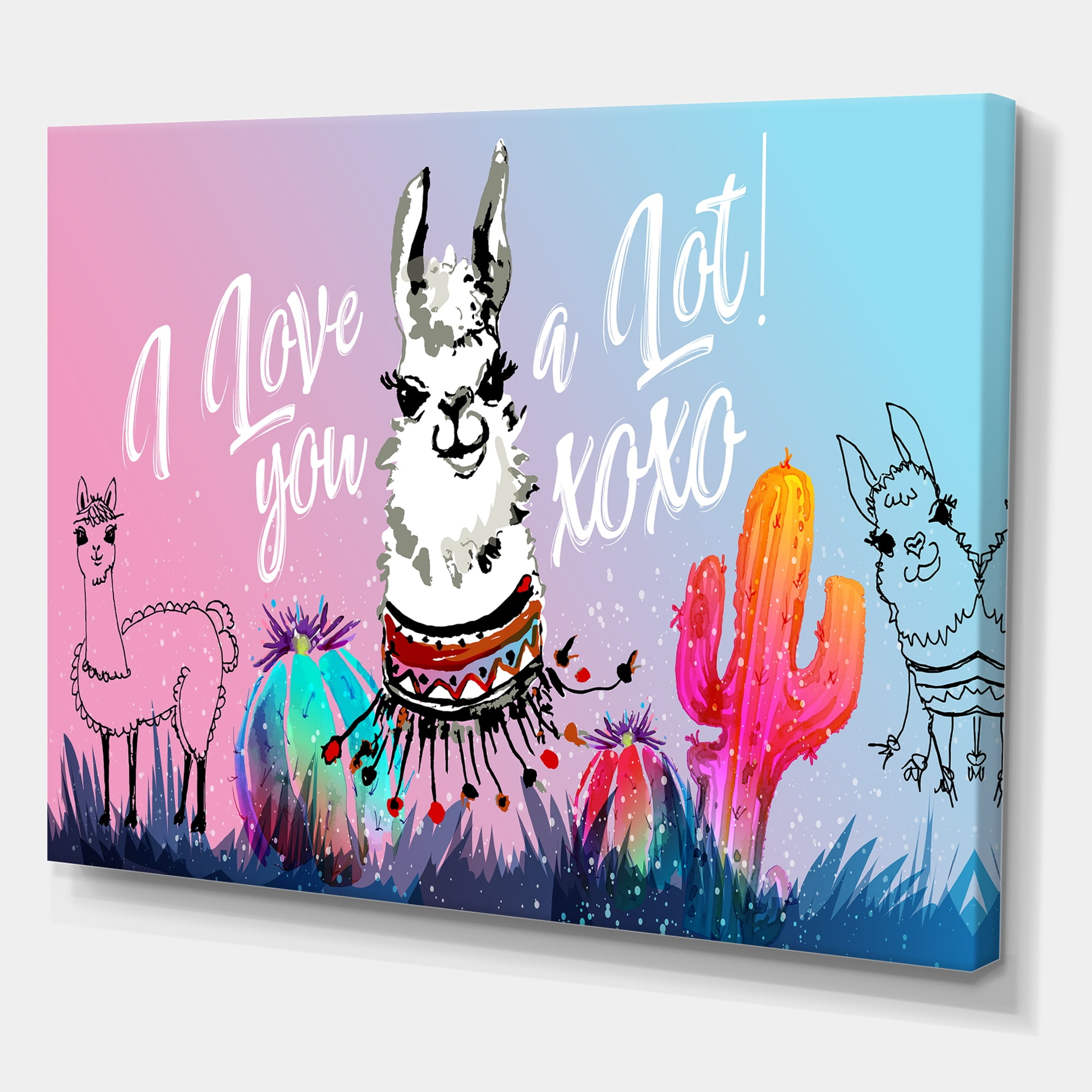 Designart ' I Love You A Lot Llama Alpaca Cartoon Portrait ' Children's Art Canvas Wall Art Print