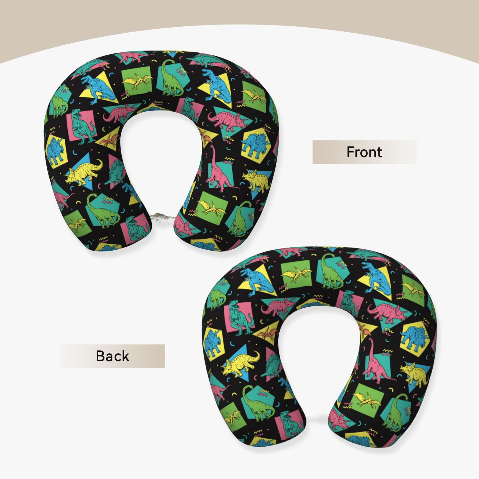 Xecao Geometric Dinosaur Print Memory Foam Cervical Neck Pillow Versatile U-Shaped Pillows for Home,Office,Camping,Travelling,Soft Washable Cover