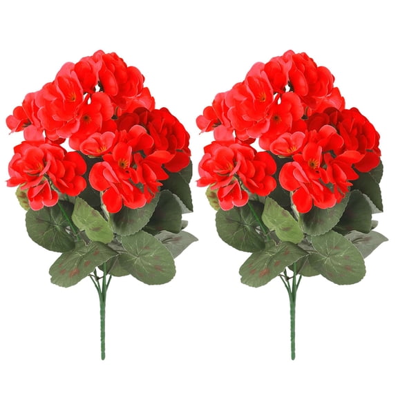 Spencer 2 Bouquet Artificial Geraniums Silk Flowers Leaf Faux Plants for Home Office Party Festival Garden Decor (Red)