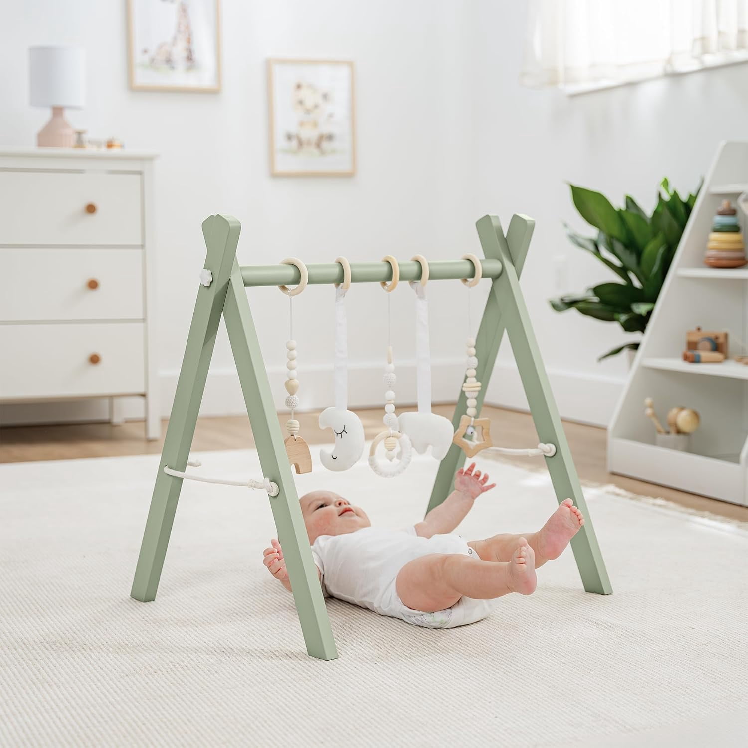 Comfy Cubs Baby Play Gym Set, Wooden Hanging Bar with Gym Toys, Foldable for Infants, Sage