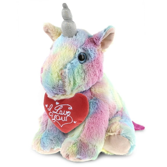 DolliBu I LOVE YOU Plush Floppy Rainbow Unicorn - Cute Stuffed Unicorn with Heart for Valentines, Anniversary, Romantic Date, Boyfriend, or Girlfriend Gift - 10 Inches