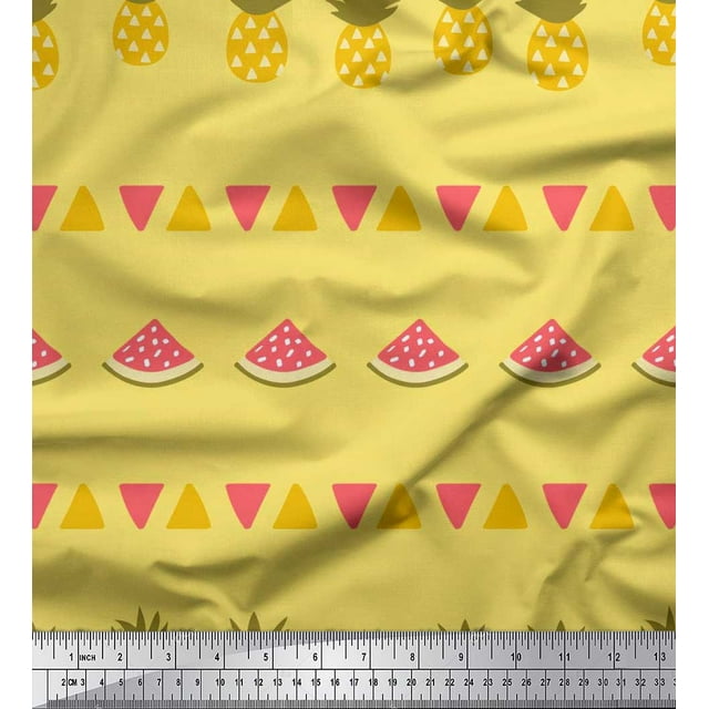 Soimoi Yellow Rayon Crepe Fabric Triangle,Pine & Watermelon Fruits Print Fabric by Yard 46 Inch Wide